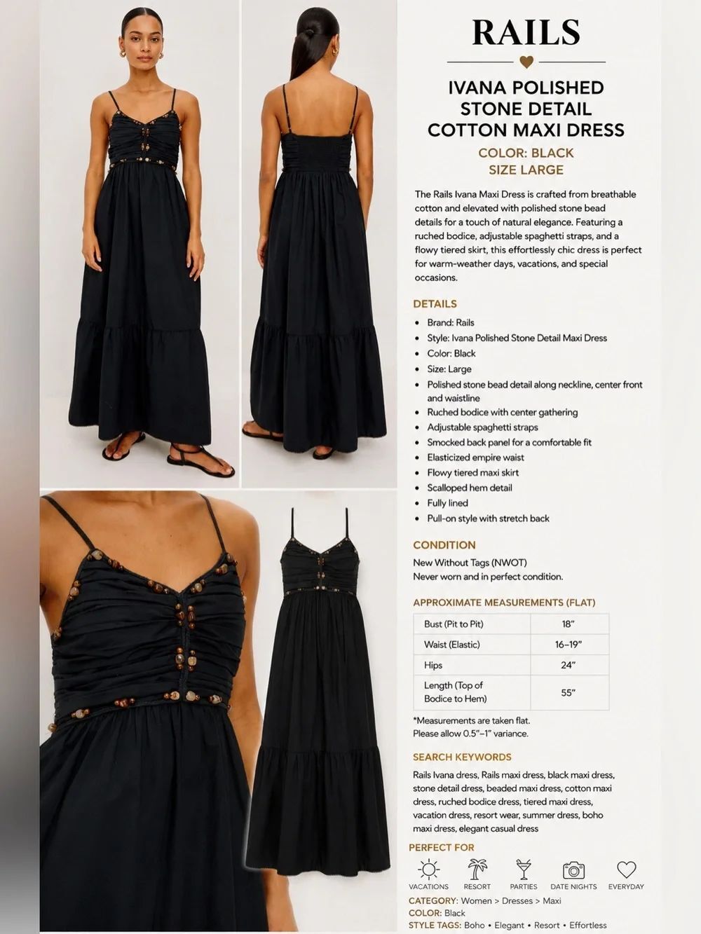 Rails Ivana Polished Stone Detail Cotton Black Maxi Dress Large NWOT